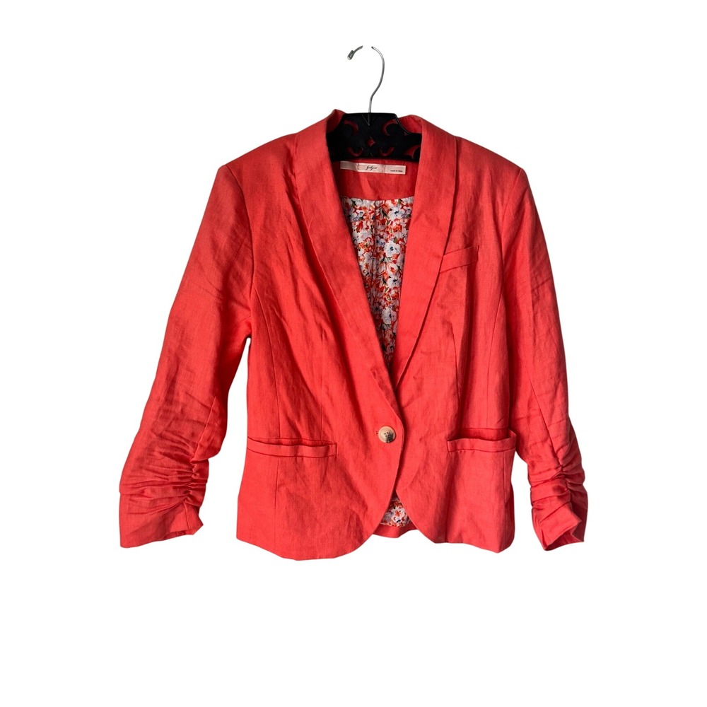 Gibson Coral Pink 100% Linen Ruched Sleeve Floral Lined Blazer Small LIN55295KNR